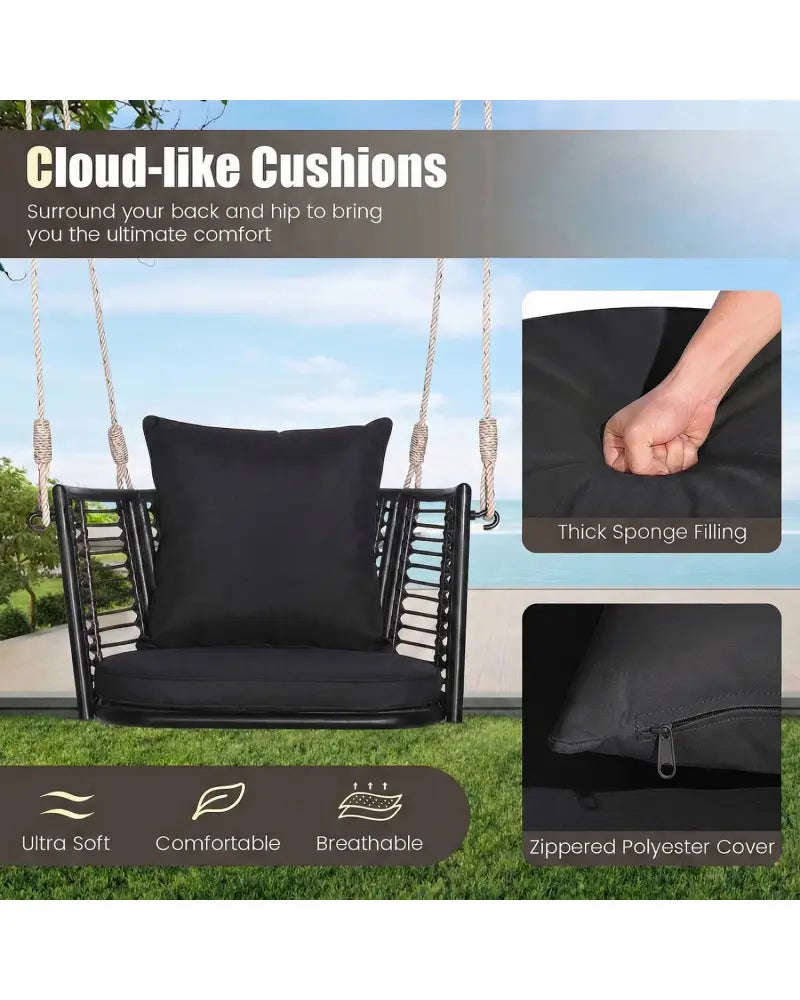 Porch Swing Patio Hanging Rattan Chair with Zippered Cushions and Rope-Black - Black - Porch Swings