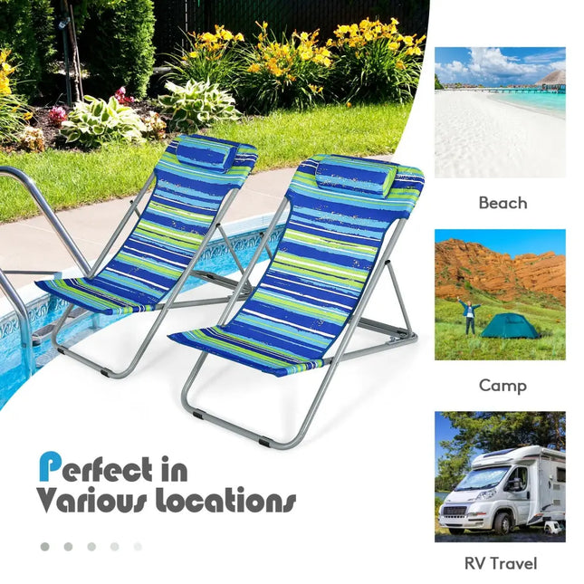Portable Beach Chair Set of 2 with Headrest -Blue - Blue - Beach & Lawn Chairs