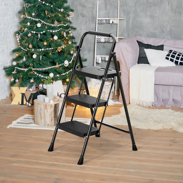 Portable Folding 3 Step Ladder with Wide Anti-Slip Pedal and Convenient Handle-Black - Black - Ladders