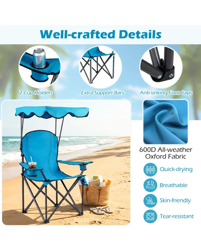 Portable Folding Beach Canopy Chair with Cup Holders-Light Blue - Light Blue - Camping Furniture