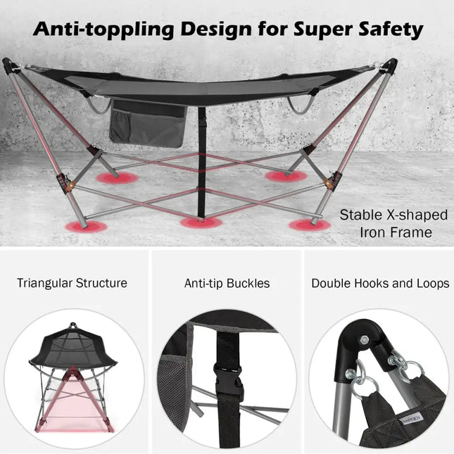 Portable Folding Hammock with Hammock Stand-Black - Black - Hammocks