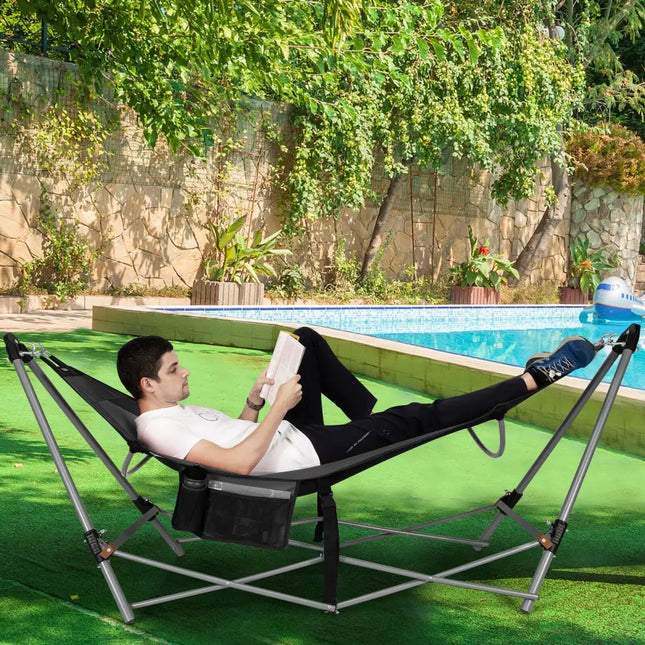 Portable Folding Hammock with Hammock Stand-Gray - Gray - Hammocks