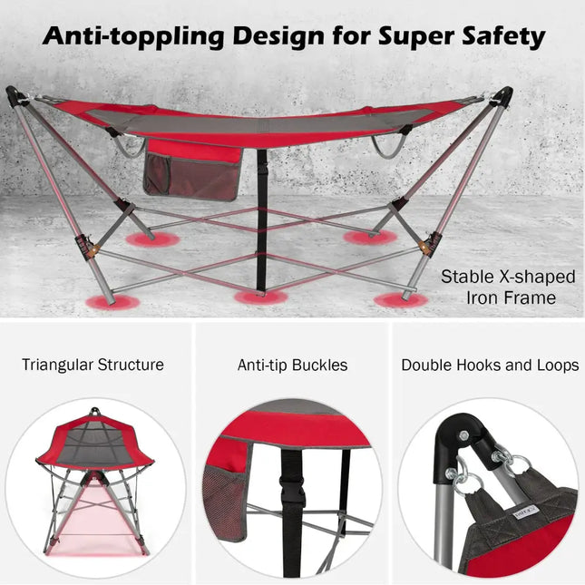 Portable Folding Hammock with Hammock Stand-Red - Red - Hammocks