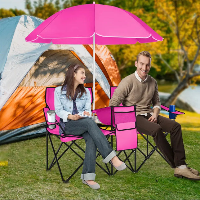 Portable Folding Picnic Double Chair With Removable Umbrella-Pink - Pink - Camping Furniture