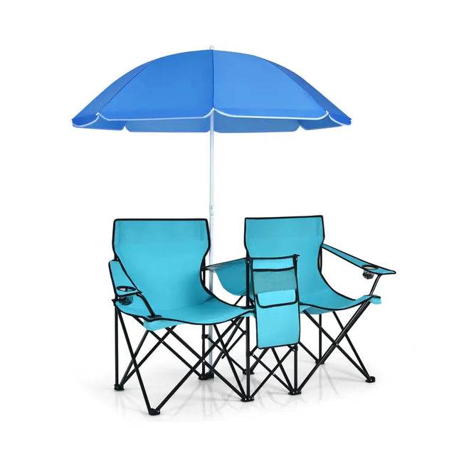 Portable Folding Picnic Double Chair With Umbrella-Turquoise - Turquoise - Camping Furniture