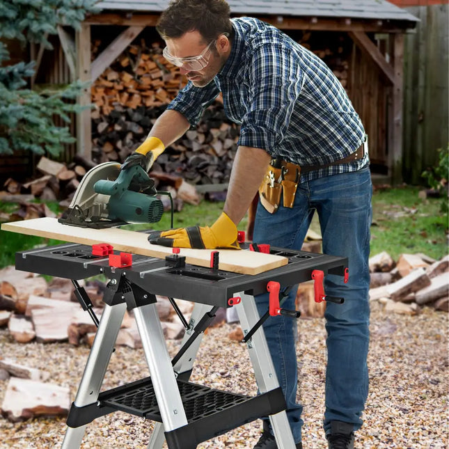 Portable Folding Workbench with Adjustable Height for Garage Home-Black & Red - Black & Red - Garages
