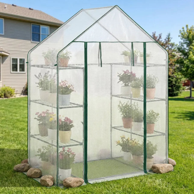Portable Walk-in Greenhouse with 3 Tiers and 6 Shelves-White - White - Greenhouses
