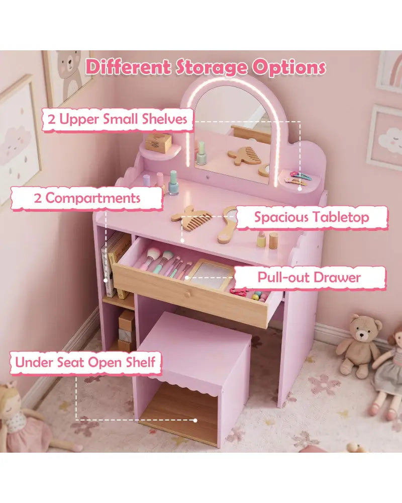 Pretend Makeup Dressing Table Set with 2 Small Shelves and Compartments-Pink - Pink - Kids Vanities
