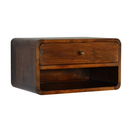 Floating chestnut nightstand with curved edges, wall-mounted modern design. Corner view