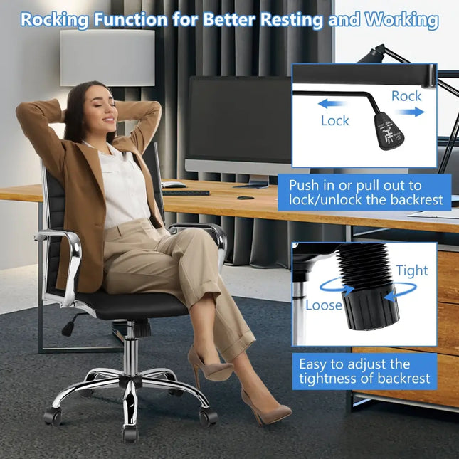 PU Leather Office Chair High Back Conference Task Chair with Armrests-Black - Black - Conference Chairs