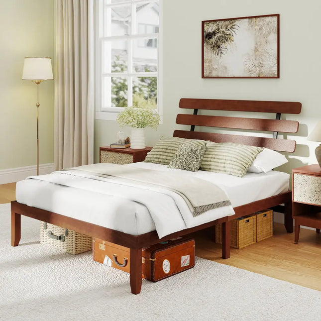 Queen Size Bed Frame 15.5 Inch Solid Wood Platform Bed with Retro Headboard - Walnut - Simple Bed Frame