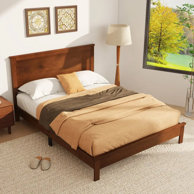 Queen Size Bed Frame Platform Slat High Headboard Bedroom with Rubber Wood Leg-Walnut - Walnut - Simple Bed Frame