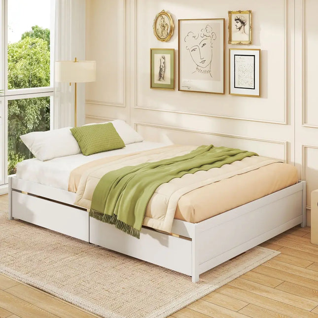 Queen Size Bed Frame with 2 Rolling Storage Drawers-White - White - Trundle Bed Frame
