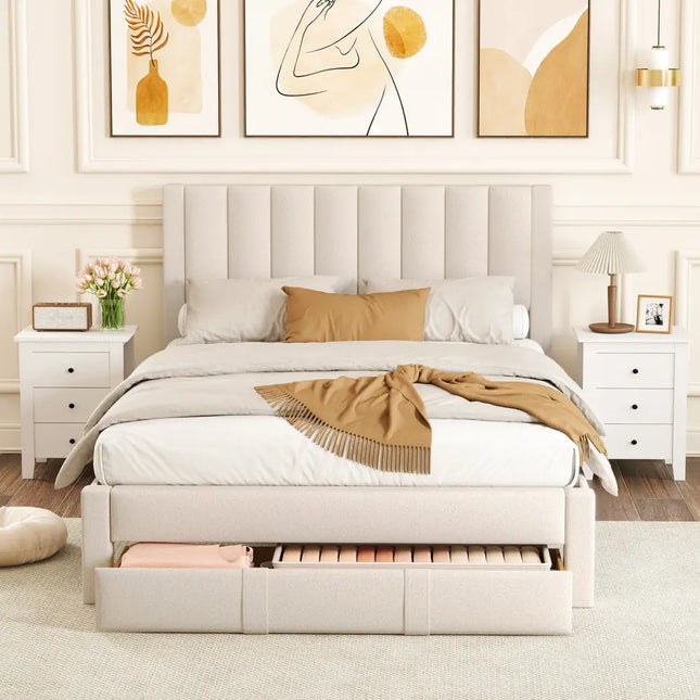 Queen Size Bed Frame with Storage Drawer and Vertical Channel Headboard-Beige - Beige - Simple Bed Frame