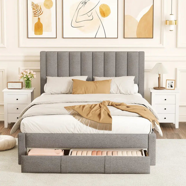 Queen Size Bed Frame with Storage Drawer and Vertical Channel Headboard-Gray - Gray - Simple Bed Frame