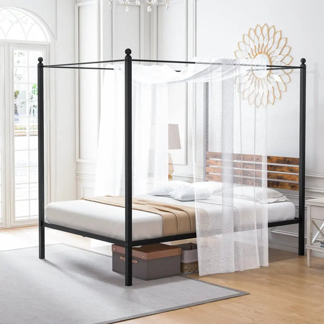 Queen Size Canopy Bed Frame with Under Bed Storage-Full Size - Rustic Brown - Simple Bed Frame