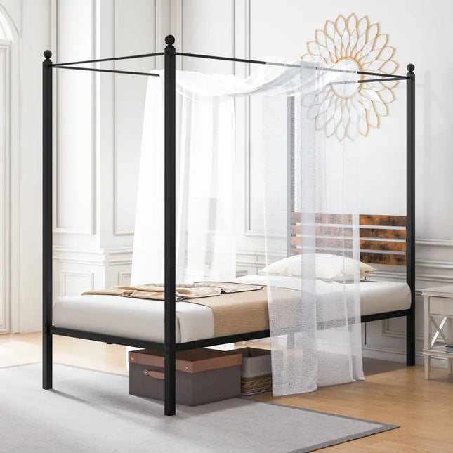 Queen Size Canopy Bed Frame with Under Bed Storage-Twin Size - Rustic Brown - Simple Bed Frame