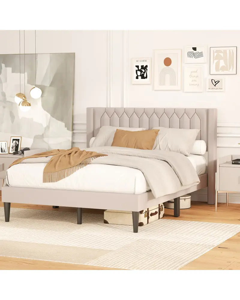 Queen Size Dutch Velvet/Linen Fabric Upholstered Platform Bed with Wingback Headboard and Wooden Slat Support-Beige