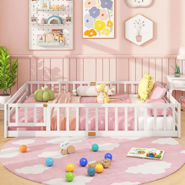 Queen Size Floor Bed Kids Montessori Bed Frame with Full Length Safety Guardrails-White - White - Simple Bed Frame