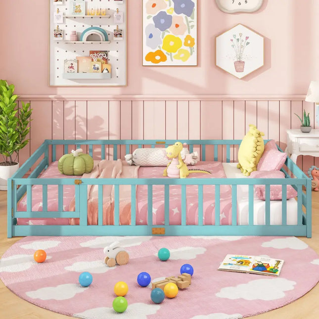 Queen Size Floor Bed Kids Montessori Bed Frame with Full Length Safety Guardrails-Dark Green - Dark Green - Simple Bed