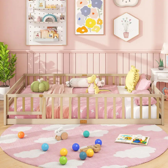Queen Size Floor Bed Kids Montessori Bed Frame with Full Length Safety Guardrails-Natural - Natural - Simple Bed Frame
