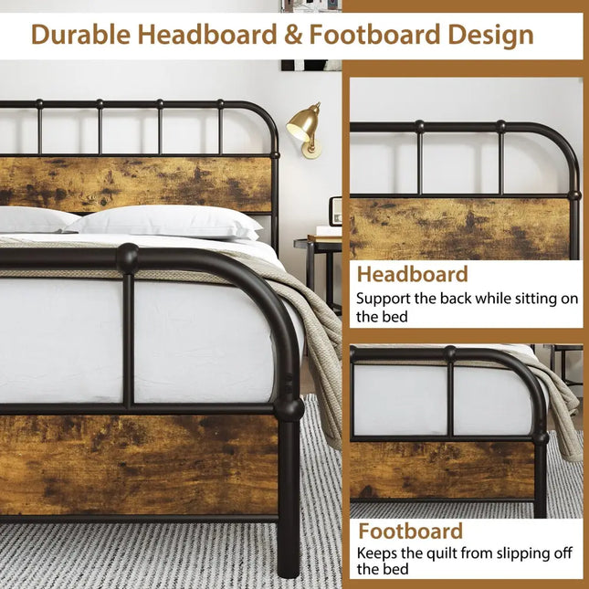 Queen Size Industrial Metal Platform Bed Frame Headboard Mattress Foundation-Queen Size - Black - Simple Bed Frame