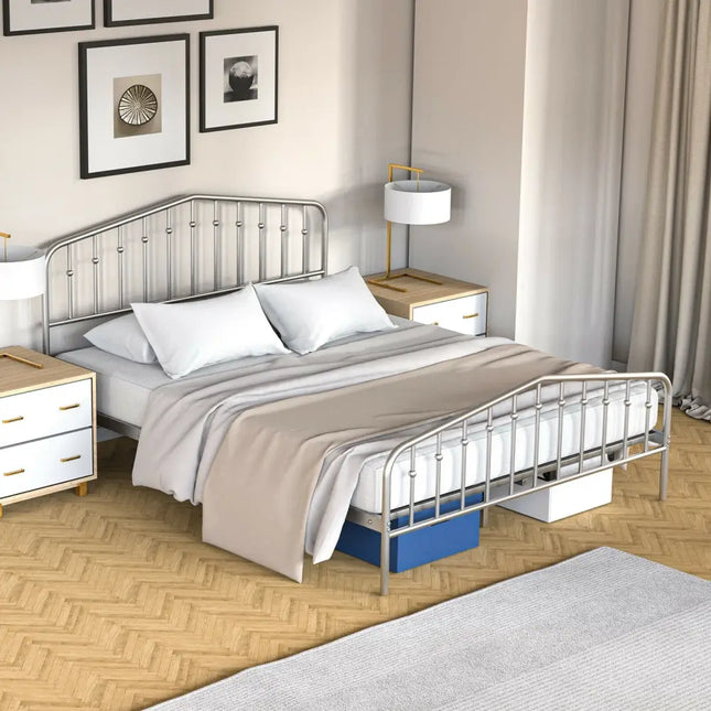 Queen Size Metal Bed Frame Platform Headboard and Footboard with Storage-Silver - Silver - Simple Bed Frame