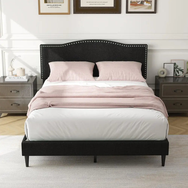 Queen Size Upholstered Bed Frame with Nailhead Trim Headboard-Queen Size - Black - Simple Bed Frame