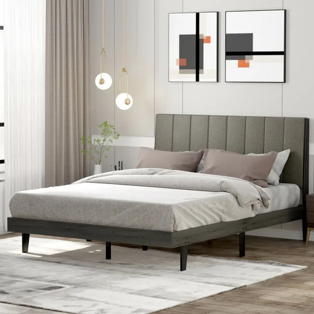 Queen Size Upholstered Bed Frame with Tufted Headboard - Gray - Simple Bed Frame