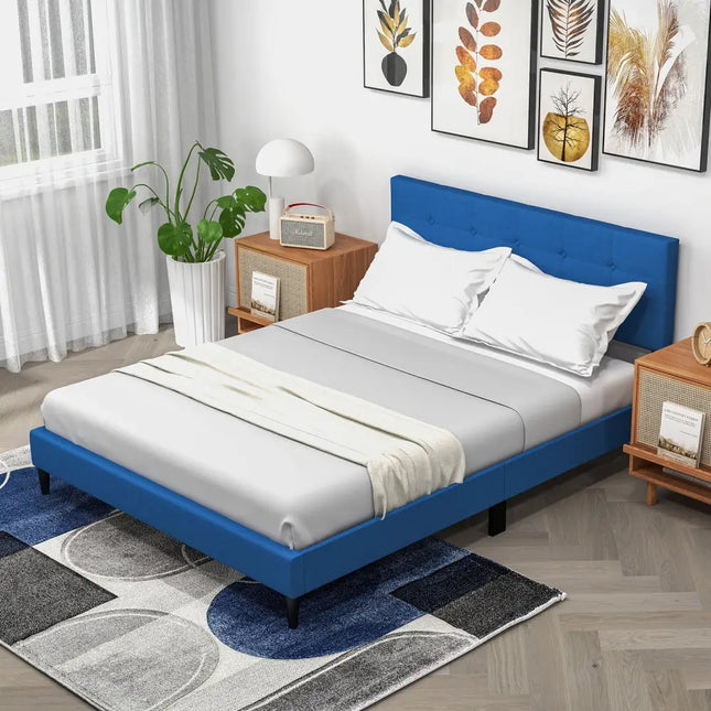 Queen Size Upholstered Platform Bed with Button Tufted Headboard-Blue - Blue - Simple Bed Frame
