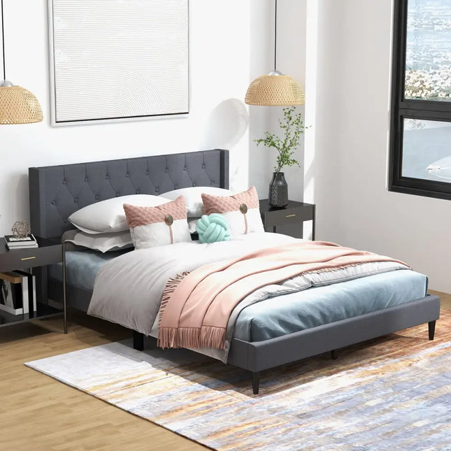 Queen Size Upholstered Platform Bed with Button Tufted Wingback Headboard-Gray - Gray - Simple Bed Frame