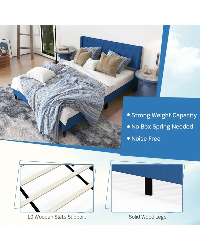 Queen Size Upholstered Platform Bed with Button Tufted Wingback Headboard-Blue - Blue - Simple Bed Frame