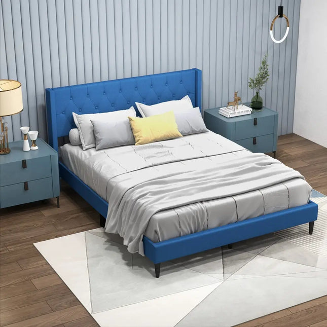 Queen Size Upholstered Platform Bed with Button Tufted Wingback Headboard-Blue - Blue - Simple Bed Frame