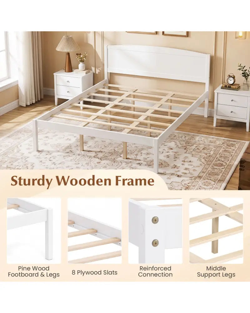 Queen Size Wooden Platform Bed Frame with Curved Headboard-White - White - Beds & Bed Frames