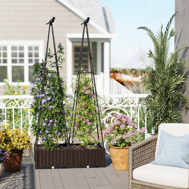 Raised Garden Bed Adjustable with Plant Box and Trellis with Lockable Wheels - Brown - Raised Garden Beds