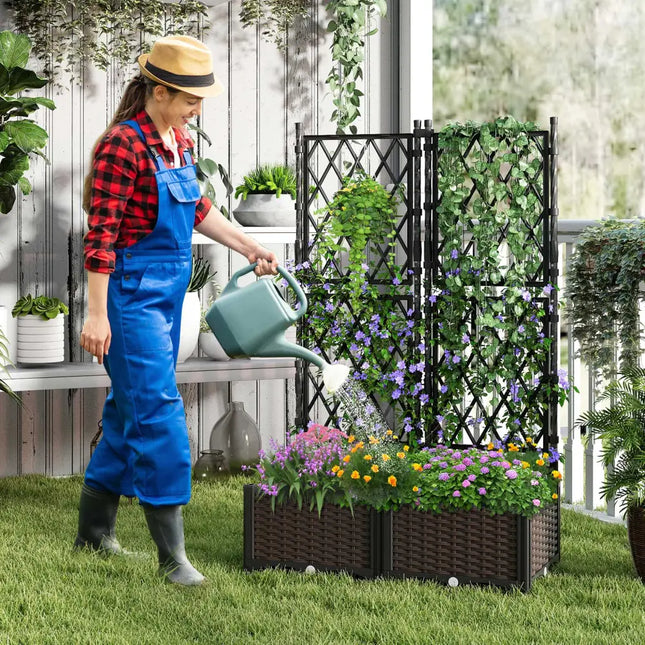 Raised Garden Bed with Lattice Trellis Drainage Self-Watering Elevated Vertical Planter Boxes-Black - Black - Raised