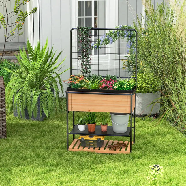 Raised Garden Bed with Trellis 2-tier Storage Shelves-Natural - Natural - Raised Garden Beds