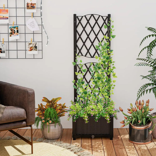 Raised Garden Bed with Trellis Planter Box for Climbing Plants-Coffee - Brown - Raised Garden Beds