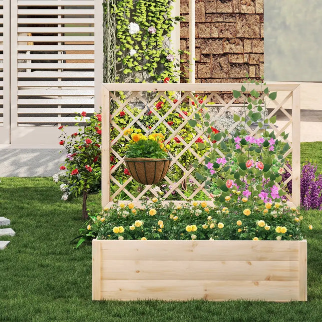 Raised Garden Bed Wooden Elevated Planter Box with Lattice Trellis-L - Natural - Raised Garden Beds
