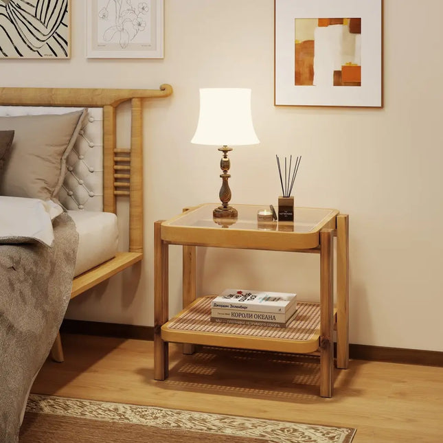 Rattan 2-Tier End Side Table with Tempered Glass Top Acacia Wood Legs-Brown - Natural - End & Side Tables