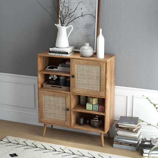 Rattan Buffet Cabinet with 2 Doors and 2 Cubbies-Natural - Natural - Sideboards Cabinets & Buffets