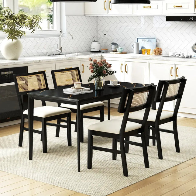 Rattan Dining Chairs Set of 4 Fabric Upholstered Kitchen Chairs with Padded Seat and Rubber Wood Legs-Black - Black