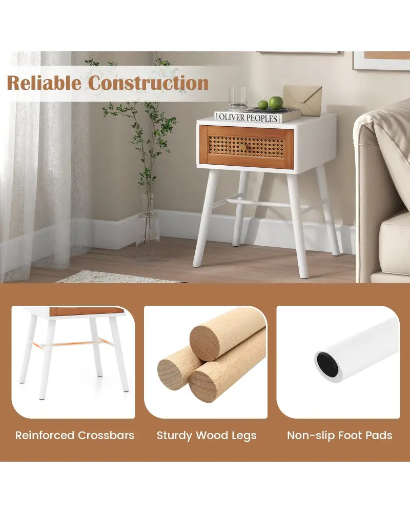 Rattan Nightstand Mid Century Modern Accent Table with Drawer-White - White - Nightstands