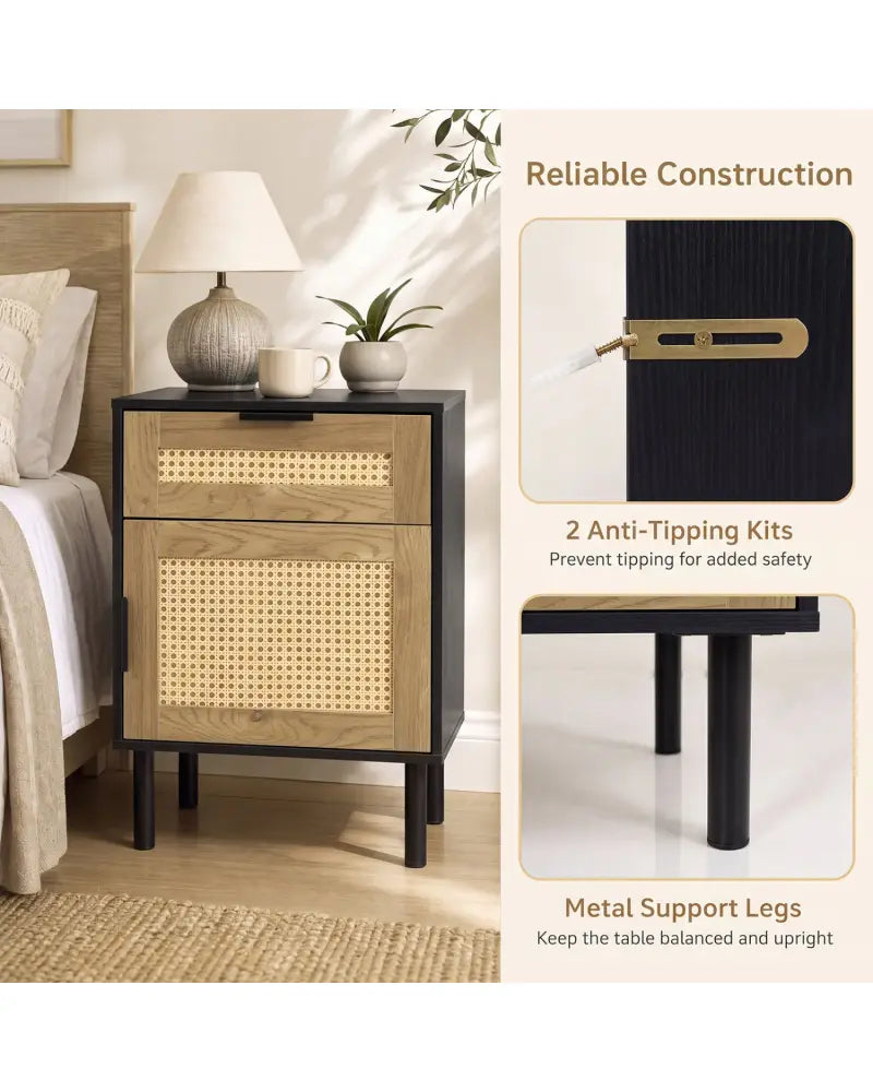 Rattan Nightstand with Drawer and Storage Cabinet for Bedroom Dorm-Black - Black - Nightstands