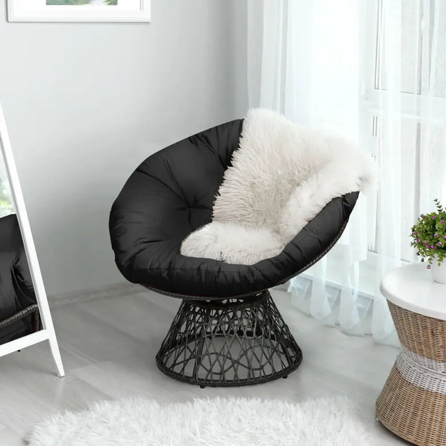Rattan Papasan Chair Ergonomic 360-degree Swivel Soft Cushion Garden-Black - Black - Beach & Lawn Chairs