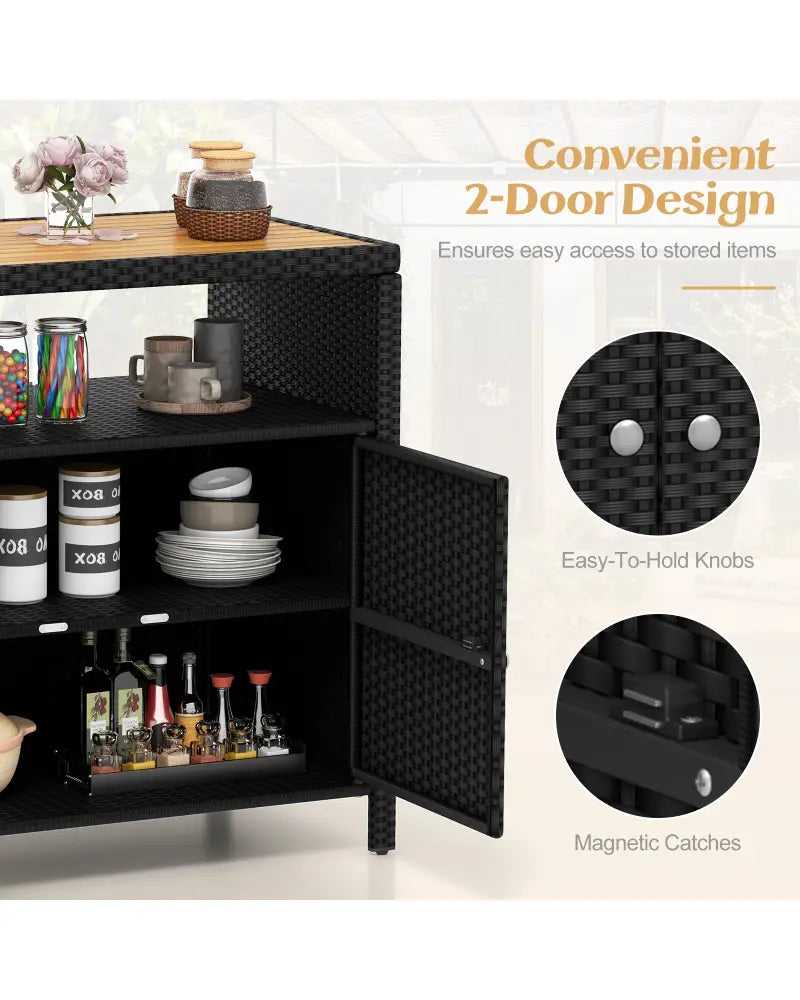 Rattan Storage Cabinet with Acacia Wood Countertop for Poolside Deck and Patio-Black - Black - Sideboards Cabinets &