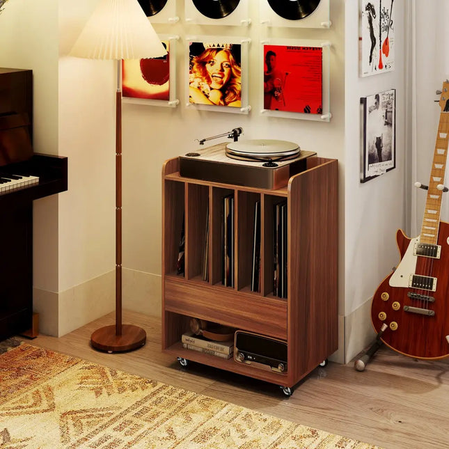 Record Player Stand Turntable Stand with Drawer and Record Holder-Walnut - Walnut - Cabinets & Chests