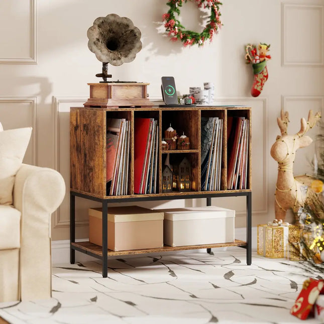 Record Player Stand with Charging Station and Metal Frame-Rustic Brown - Rustic Brown - End & Side Tables