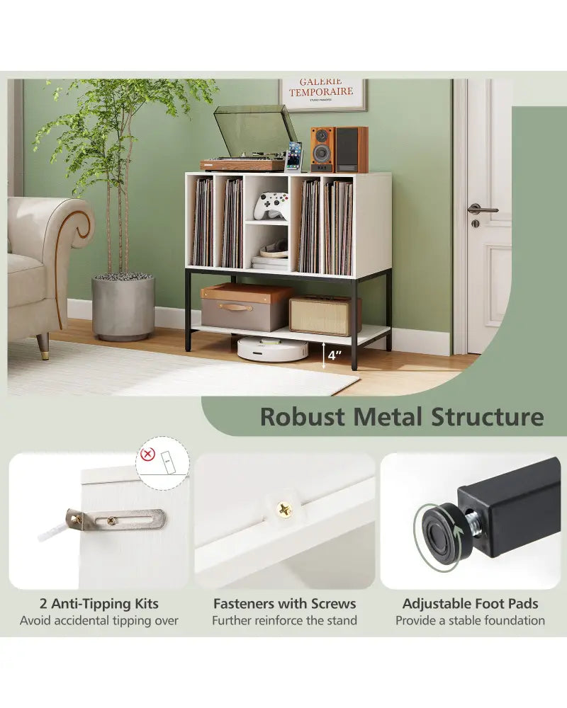 Record Player Stand with Charging Station and Metal Frame-White - White - End & Side Tables