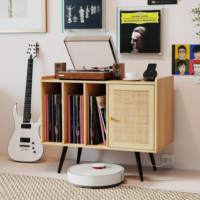 Record Player Stand with Charging Station and Rattan Cabinet for Living Room-Natural - Natural - End & Side Tables